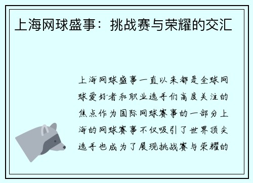 上海网球盛事：挑战赛与荣耀的交汇