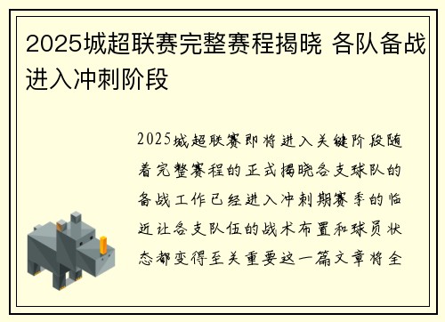 2025城超联赛完整赛程揭晓 各队备战进入冲刺阶段