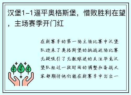 汉堡1-1逼平奥格斯堡，惜败胜利在望，主场赛季开门红
