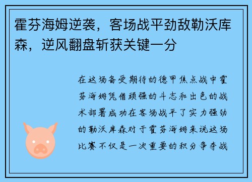 霍芬海姆逆袭，客场战平劲敌勒沃库森，逆风翻盘斩获关键一分